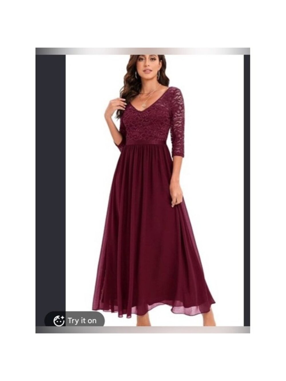 NEMIDOR Elegant Burgundy Lace & Chiffon Maxi Dress - V-Neck, 3/4 Sleeves SIZE 26